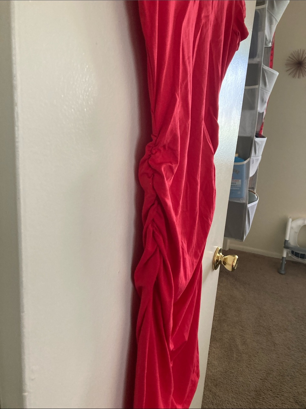 Ruched Red Midi Dress with Crew Neck - Picture 8 of 8